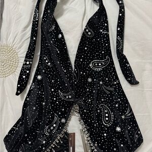 Black Velvet Paisley Halter Top with crystal fringe Size M